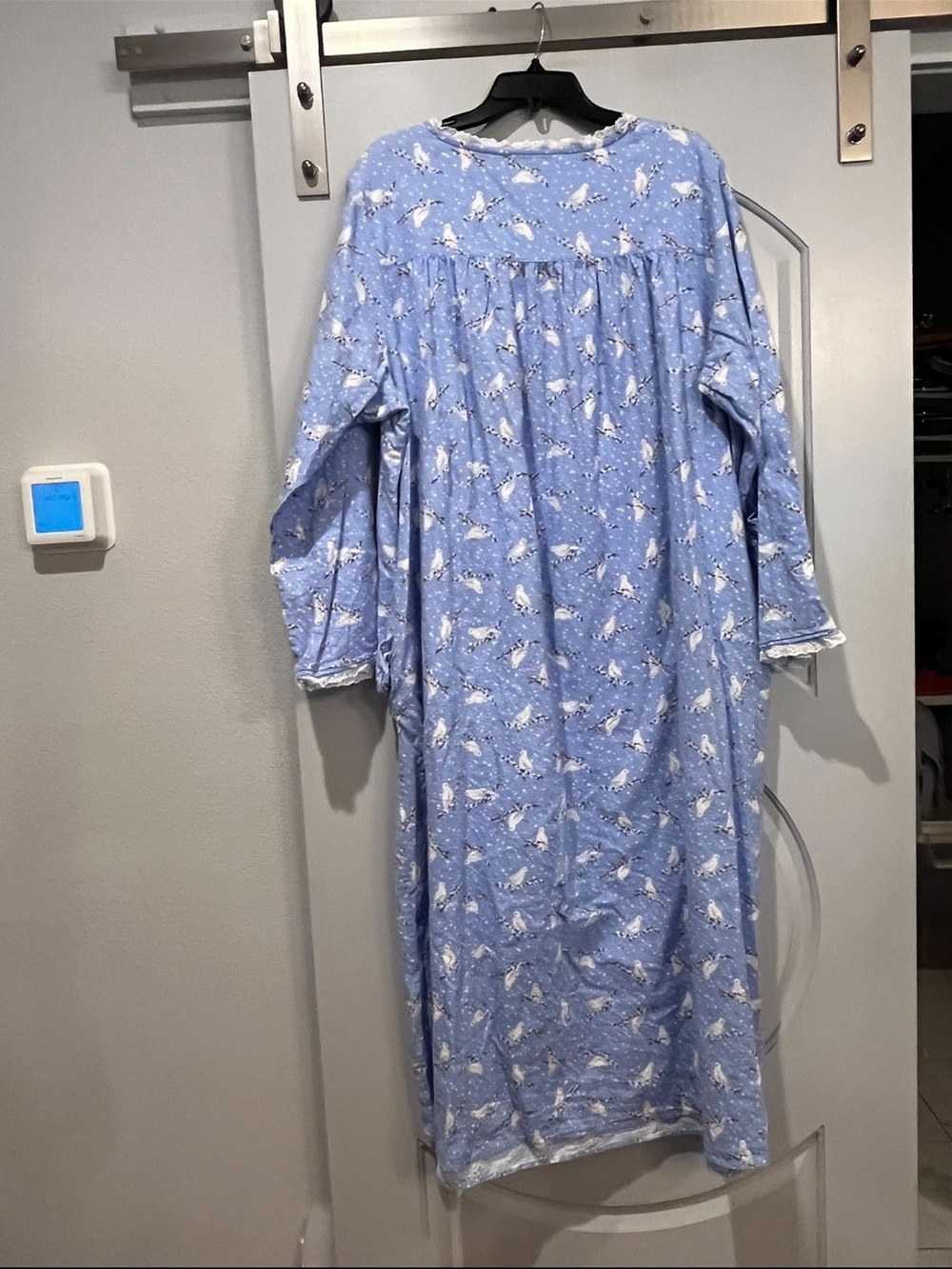 Lanz of Salzburg Light Blue snowy Dove Print flannel Nightgown with Lace Trim. - Picture 7 of 9